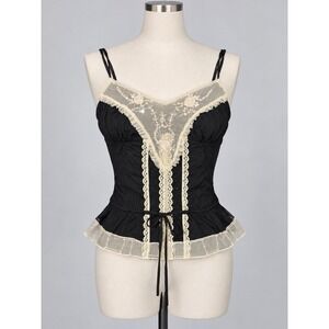 Angie Victorian Lace Peplum Camisole Top Black Cream Floral Sequin NWT Large
